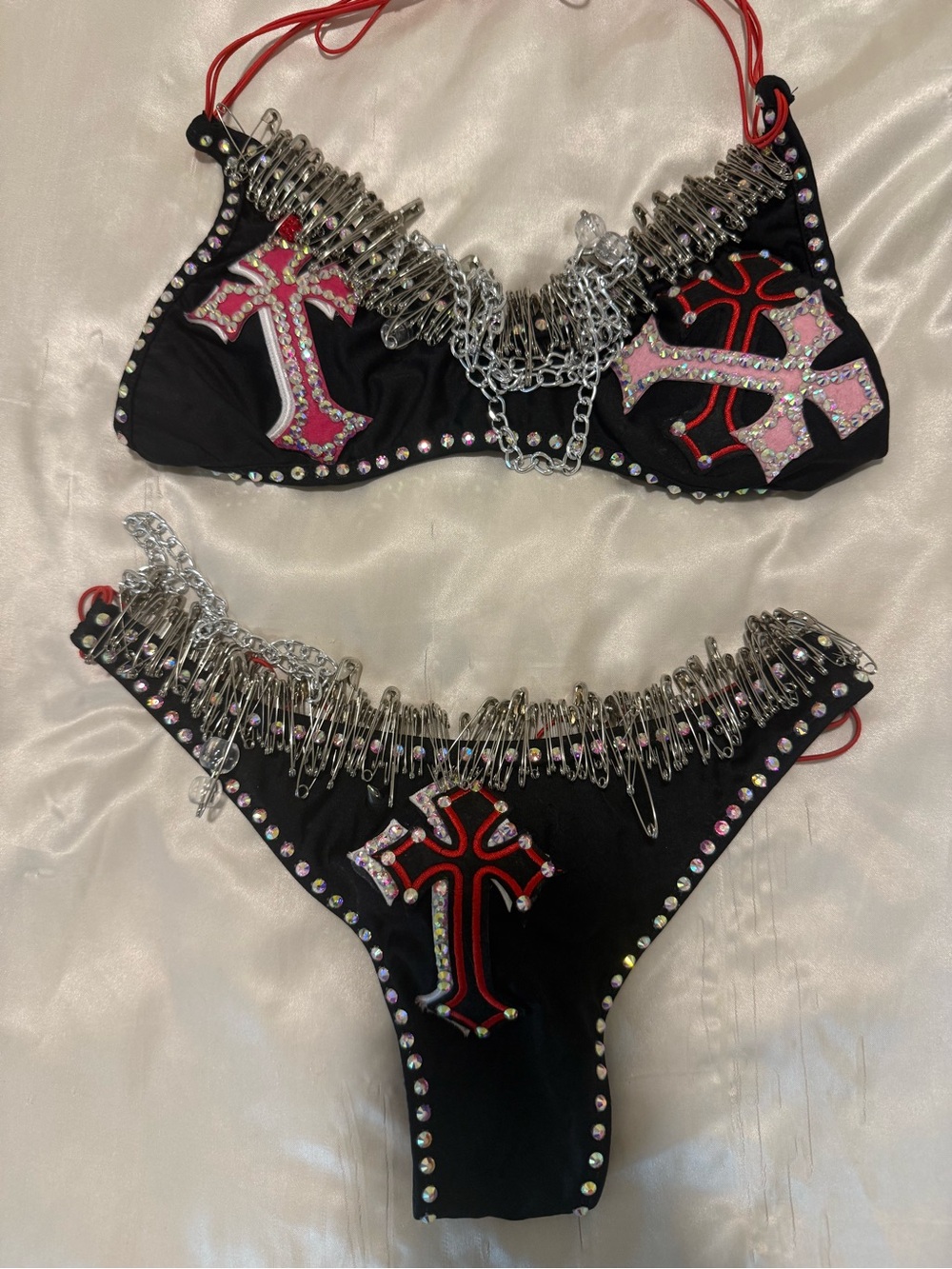 Black Bikini Set with Red & Pink Cross Appliqués and Silver Safety Pin Trim